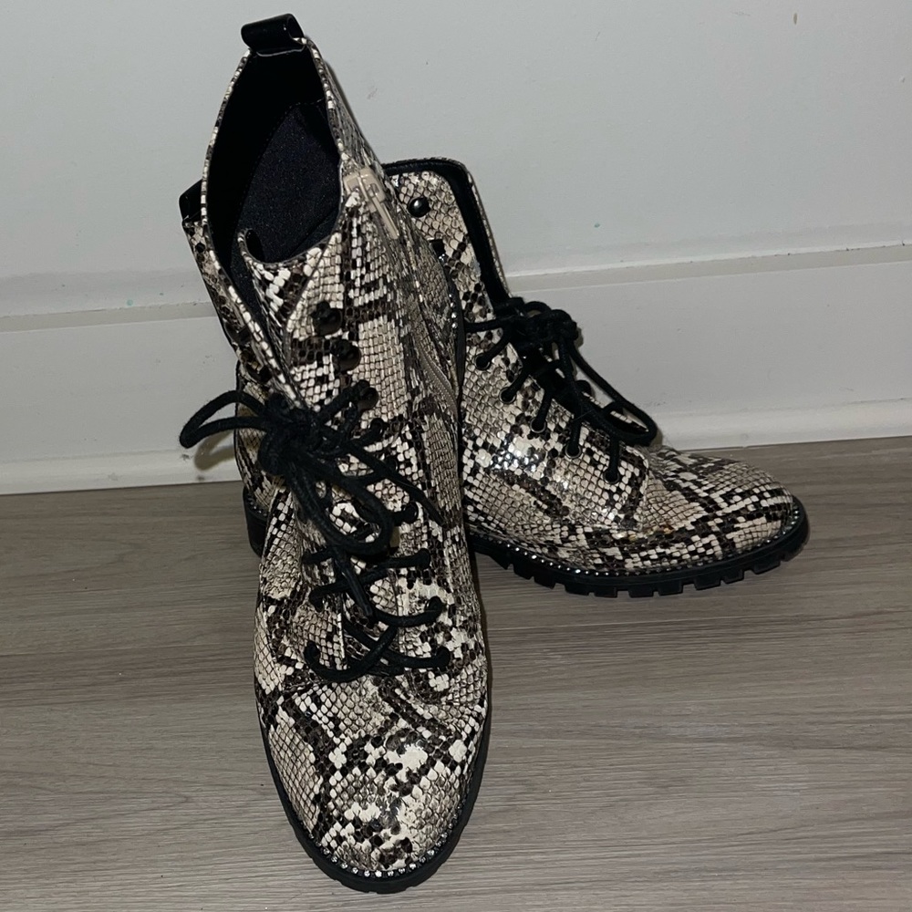 Express snakeskin combat booties. Rhinestone embellishing around sole. - Picture 3 of 10